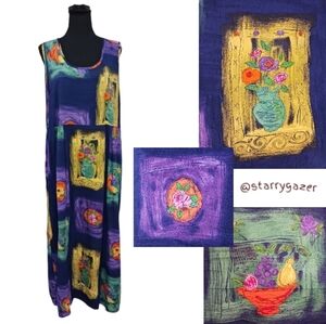 James World Midi Dress Still Life Fruit Bowl Flower Vase Indigo Violet